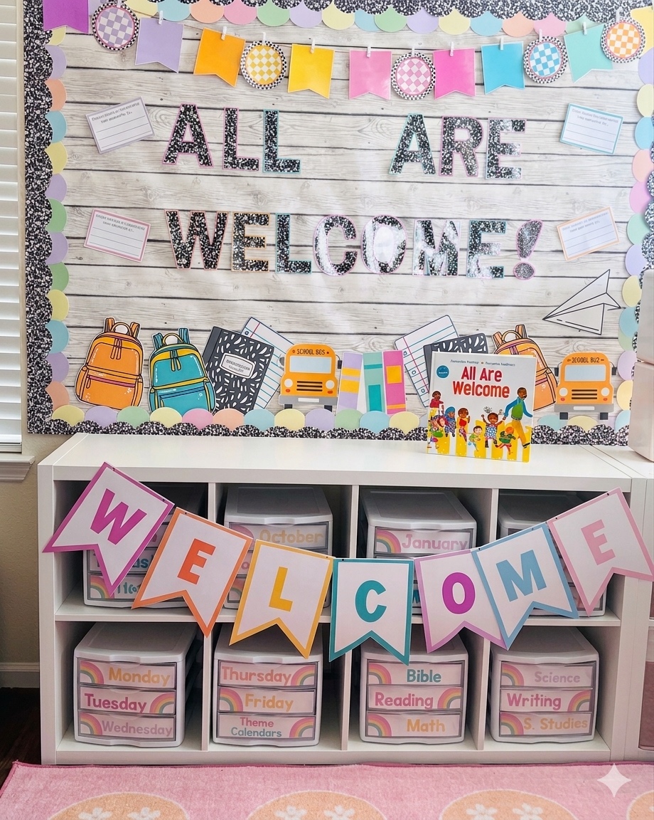 All Are Welcome classroom setup with Welcome banner