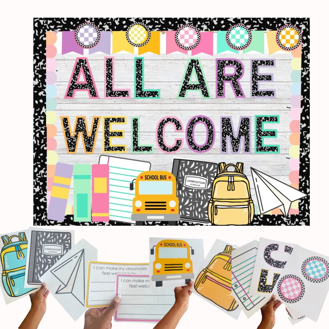 All Are Welcome bulletin board kit with postcards and classroom cutouts