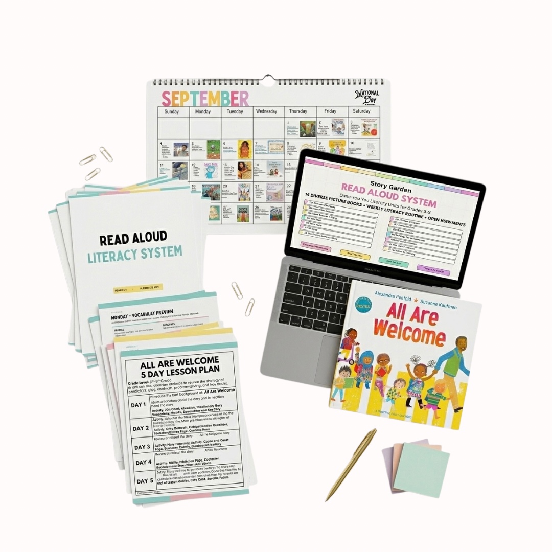 Read Aloud Literacy System flatlay — September calendar, lesson plan, All Are Welcome book