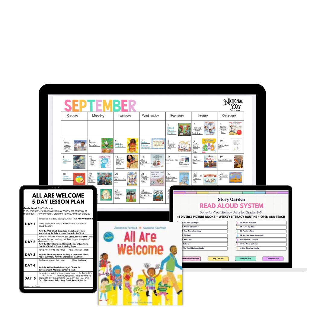 September National Book Calendar with All Are Welcome 5-day lesson plan and Read Aloud System